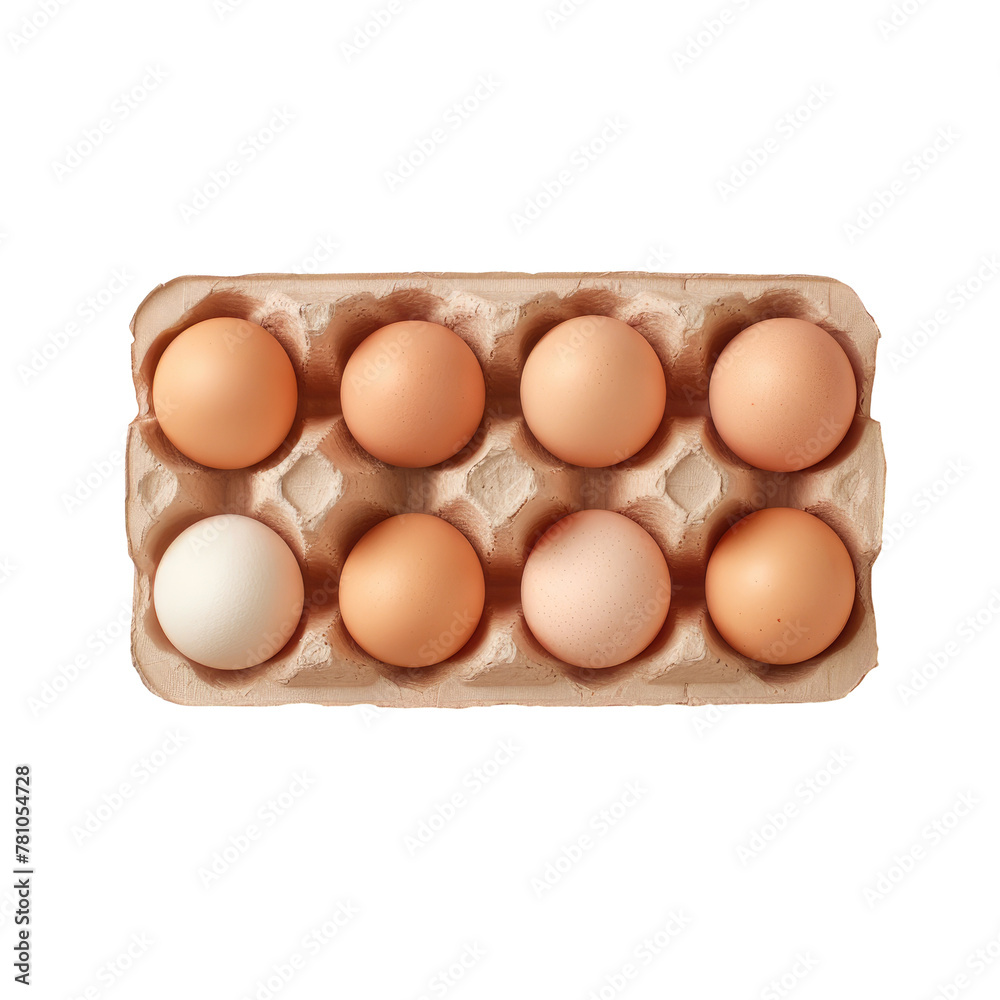 A carton of eggs with one egg
