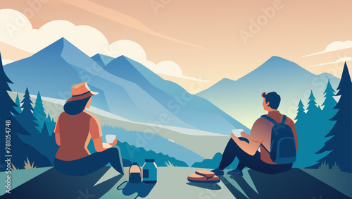 On a hiking trip a couple stops to take in the breathtaking view of the mountains and enjoy a light lunch they packed in their backpacks. They