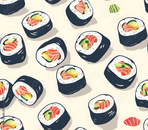 Various toppings of sushi, watercolor painting style, seamless pattern