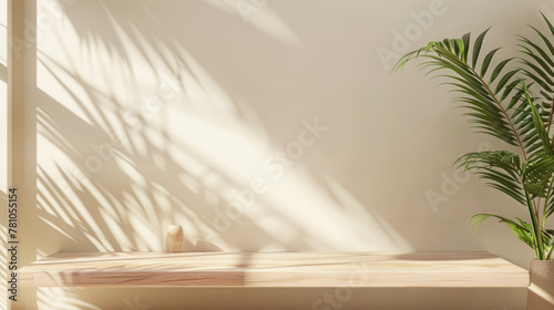 3D rendering of a wood table and tropical leaves on a beige background with a sun shadow © wanna