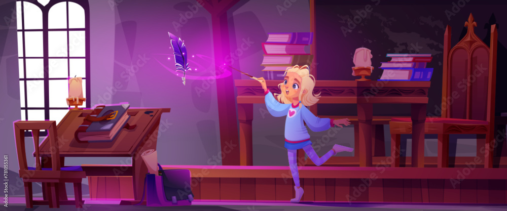Magic school room with girl and flying feather. Cartoon wizard library or classroom interior illustration. Old magician medieval castle inside with chair and table. Child student and glowing spell - obrazy, fototapety, plakaty 