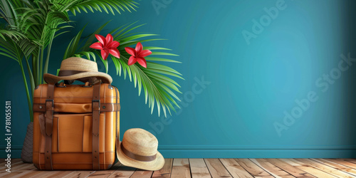 A suitcase with a straw hat on top of it and a red flower next to it. The suitcase is brown and the wall is blue