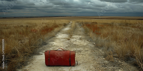 A red suitcase is sitting on a dirt road in a field. The scene is desolate and empty, with no other people or objects in sight. The suitcase is the only thing that stands out photo