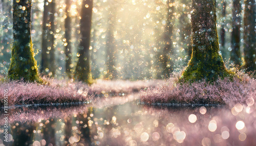 fairy land soft pale pink forest. Small Reflective pond and sparkle dust. Sharp image