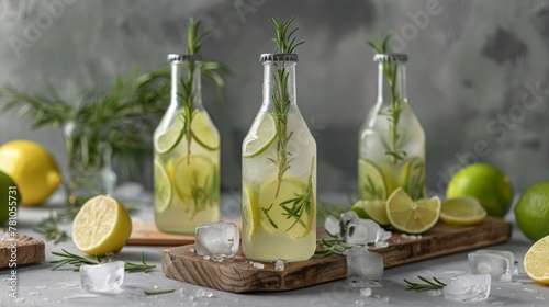 Three bottles of lemonade on a board with lime and rosemary