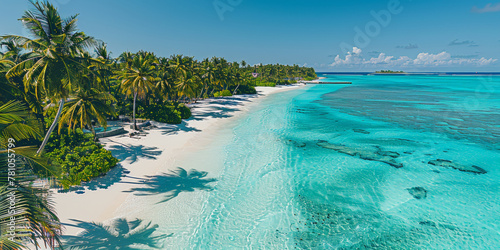 A beautiful beach with palm trees and a clear blue ocean. The beach is empty and the water is calm
