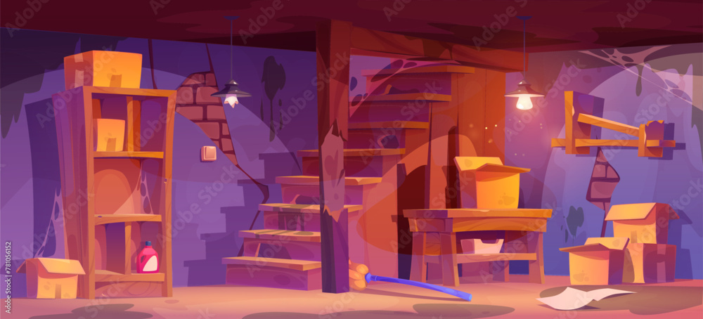 Abandoned basement room interior with cracked walls and broken stairs, wooden rack with cardboard boxes for things storage, mess and cobweb. Cartoon vector illustration of old damaged house cellar. - obrazy, fototapety, plakaty 
