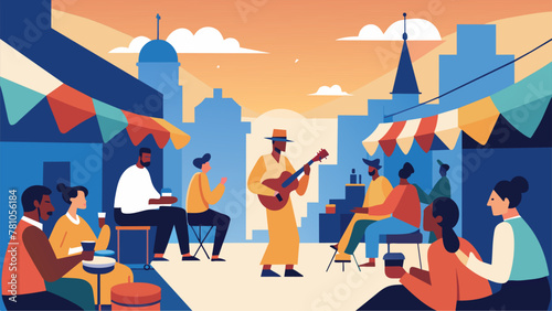 A vibrant street festival with vendors selling delicious food and drinks as a lively jazz band plays on a brightly lit stage drawing in a