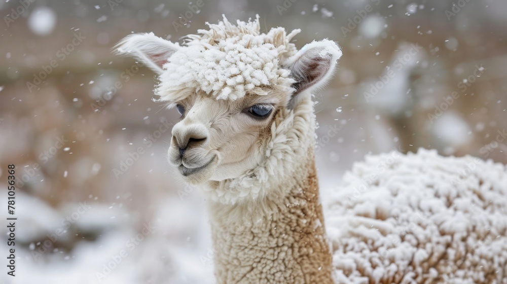 Naklejka premium A llama stands in snowy scenery