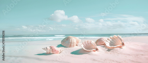 A beach scene with a few shells on the sand. The shells are of different sizes and colors, and they are scattered across the beach. The sky is blue and there are some clouds in the background