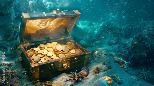 A treasure chest full of gold coins is sitting on a rocky beach. The scene is serene and peaceful, with the sun shining down on the water and the rocks. The gold coins sparkle in the sunlight