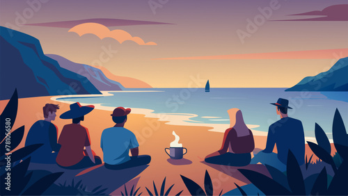 The sandy beach is just steps away but a group of beachgoers are content to stay and huddle around their makeshift bonfire. As they watch the