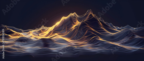 A mountain range is shown in a blue and gold color scheme. The mountains are shown in a way that makes them look like they are moving through the water