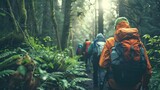 A group of hikers following a trail leader through a dense forest, trusting in their guidance.