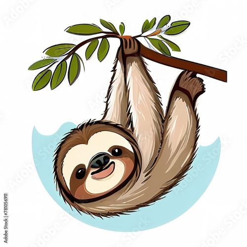 Sloth. Cute vector illustration, watercolor animal drawing. Perched on a branch, isolated on white background. photo