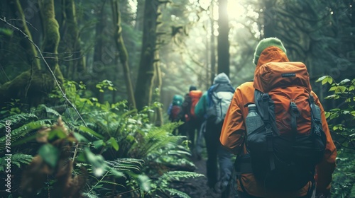 A group of hikers following a trail leader through a dense forest, trusting in their guidance. photo