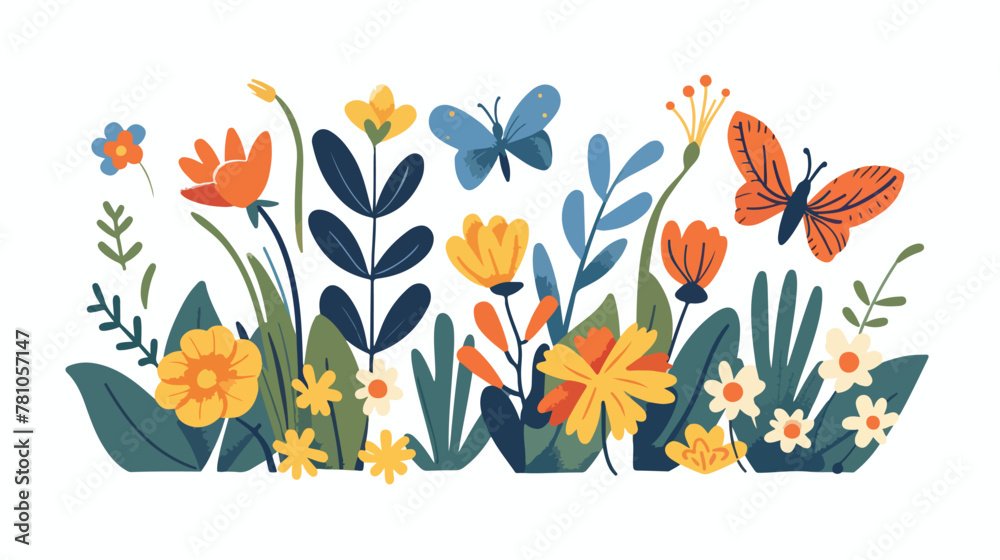 Spring illustration with butterflies and flowers flat