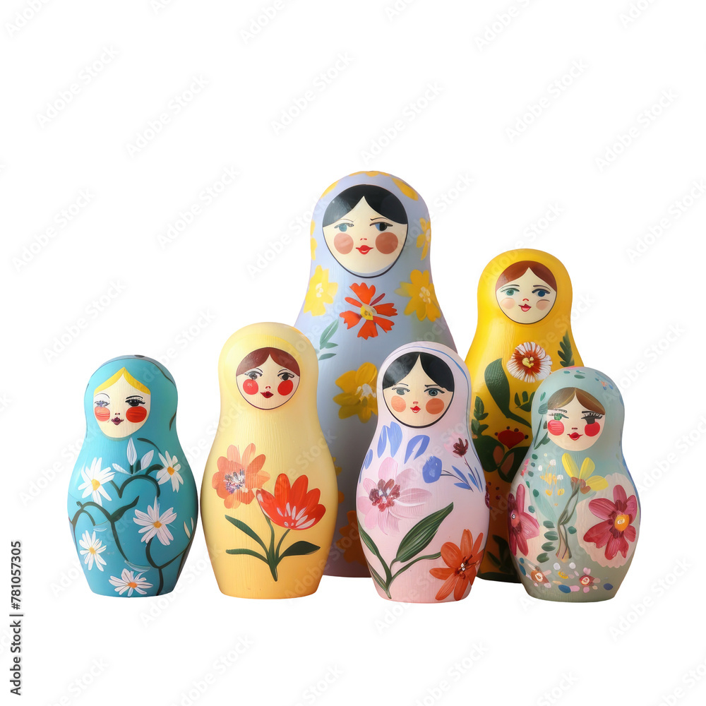 Colorful wooden dolls group on Transparent Background