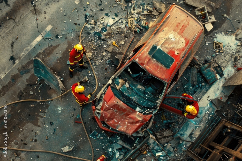 A car sitting on top of a pile of rubble. Suitable for disaster or post-apocalyptic themed projects