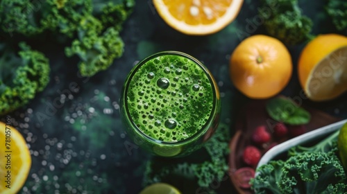 Glass of green juice surrounded by various fruits