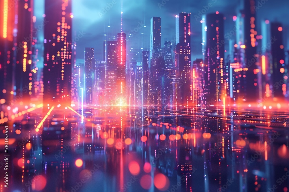 Holographic grids of light illuminating a cyberpunk skyline ,3DCG,clean sharp focus