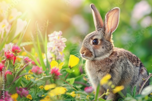 A cute rabbit sitting in a colorful field of flowers, perfect for nature lovers