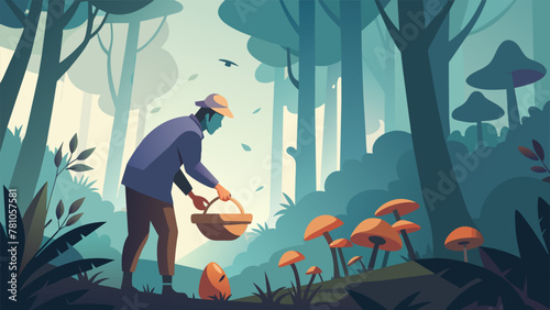 A misty foggy morning in a lush forest the ground covered in mushrooms of all shapes and sizes. In the hands of a skilled forager a curved