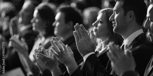 A group of people clapping in a vintage black and white photo. Perfect for historical or retro-themed projects