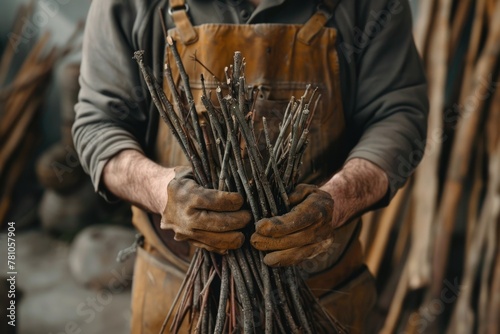 A man holding a bunch of sticks, suitable for outdoor and nature themes