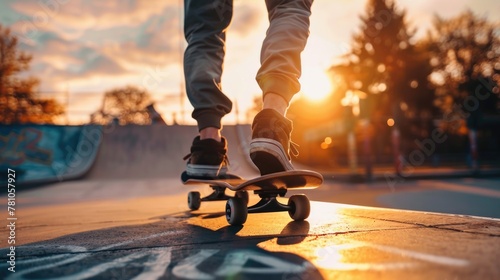 A person riding a skateboard on a sidewalk. Ideal for urban sports concepts photo