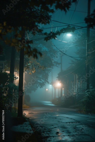 A mysterious night scene with glowing street lights. Perfect for urban and nightlife themes