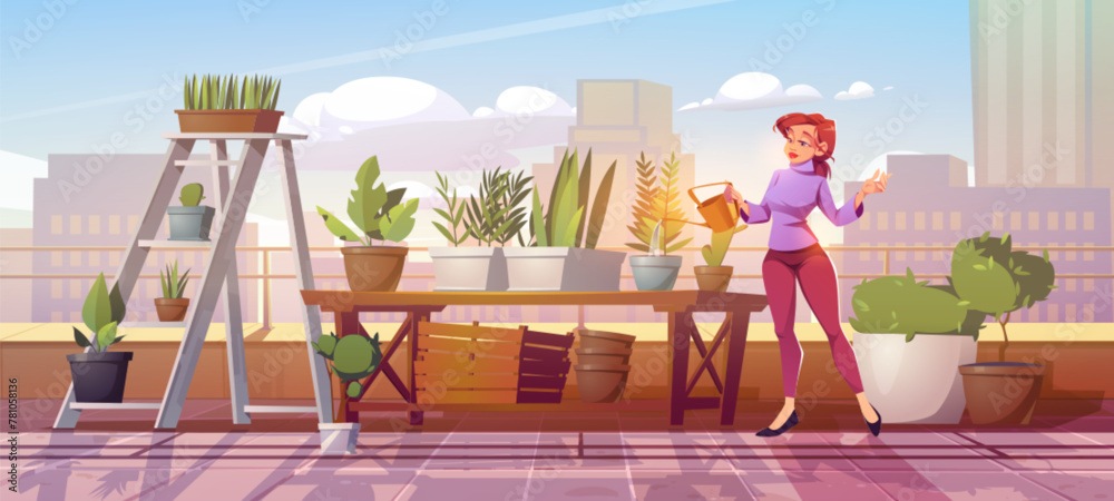 Woman watering plants in rooftop garden. Vector cartoon illustration of female character taking care of flowers, terrace on top of modern skyscraper, sunny cityscape background, gardening hobby - obrazy, fototapety, plakaty 