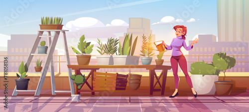 Woman watering plants in rooftop garden. Vector cartoon illustration of female character taking care of flowers, terrace on top of modern skyscraper, sunny cityscape background, gardening hobby