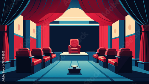 A luxurious home theater resembling a miniature version of a movie theater complete with red velvet curtains plush recliner seats and a mini
