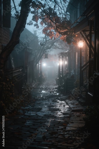 A mysterious dark alley with a street light in the fog. Ideal for urban and mystery-themed designs