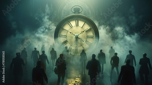 A clock with its hands spinning uncontrollably fast, blurring time, as figures around it age rapidly, then turn to dust photo