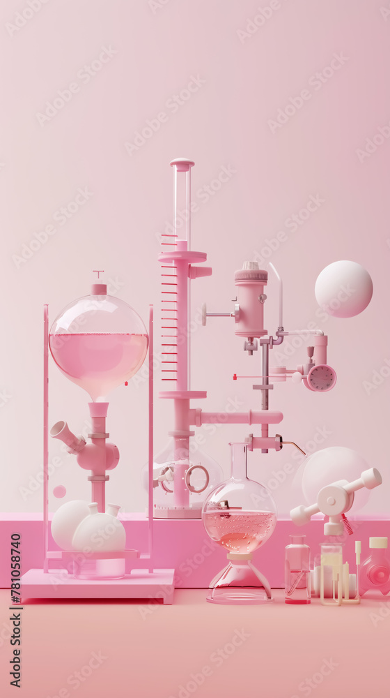 Laboratory glassware and test tubes on pink background. 3D rendering