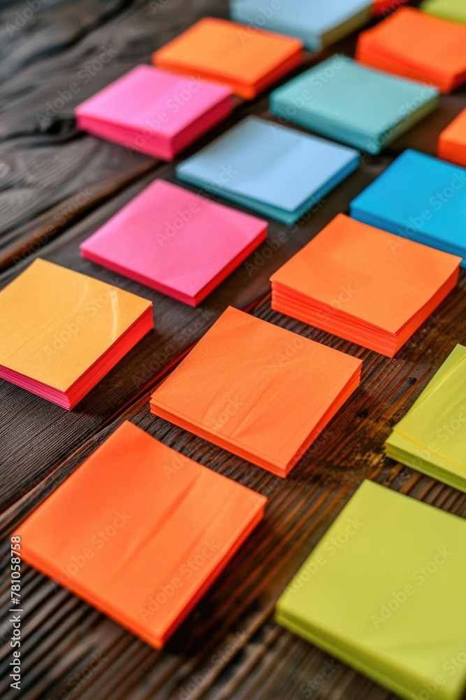 A collection of vibrant post it notes on a wooden surface. Suitable for office and organization concepts