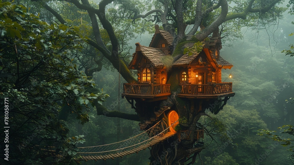 A whimsical treehouse nestled in the canopy of an ancient forest, accessible only by a rope ladder - obrazy, fototapety, plakaty 