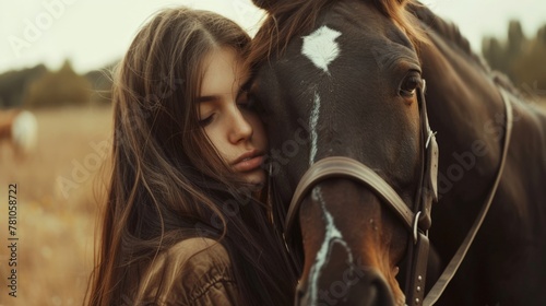 Woman hugging horse in field