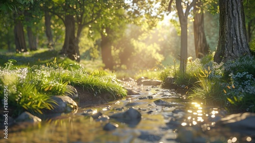 Tranquil stream flowing through vibrant forest, perfect for nature backgrounds