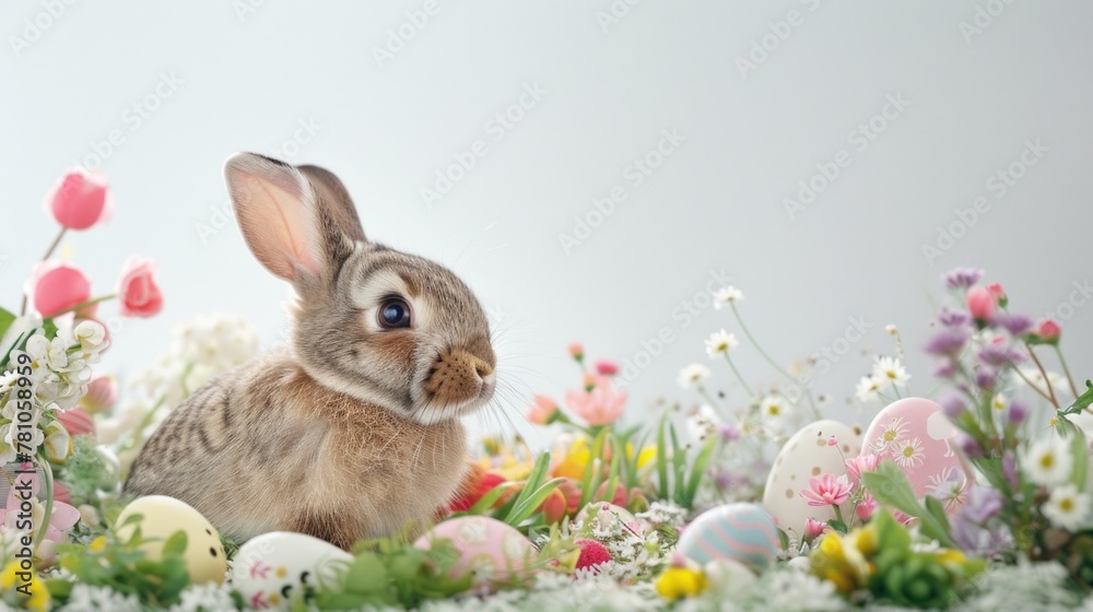 A cute rabbit sitting in a field of colorful flowers. Perfect for nature and animal lovers