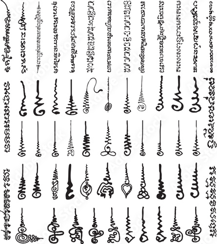 Thailand talisman set. Thai ancient traditional tattoo,Sak yant thai. Unalome symbol, Hindu or Buddhist sign representing path to enlightenment. Yantras Tattoo icon. Simple. isolated vector. Yant set.
