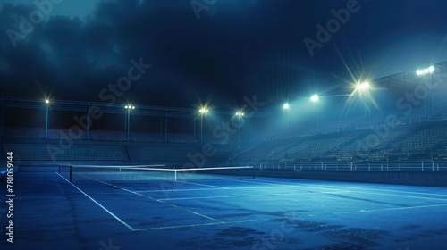 A tennis stadium illuminated by the glow of floodlights at night, creating a magical atmosphere.  photo