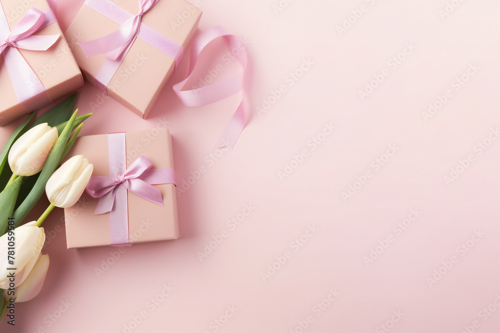 Mother's Day concept. Top view photo of stylish pink giftbox with ribbon bow and bouquet of tulips on isolated pastel pink background with copyspace Generative AI Mother's Day concept. Top view photo of stylish pink giftbox with ribbon bow and bouquet of tulips on isolated pastel pink background with copyspace Generative AI