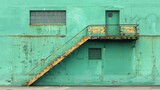  A building with a rusted metal staircase adjacent to a fire hydrant and parking lot, both painted green and red
