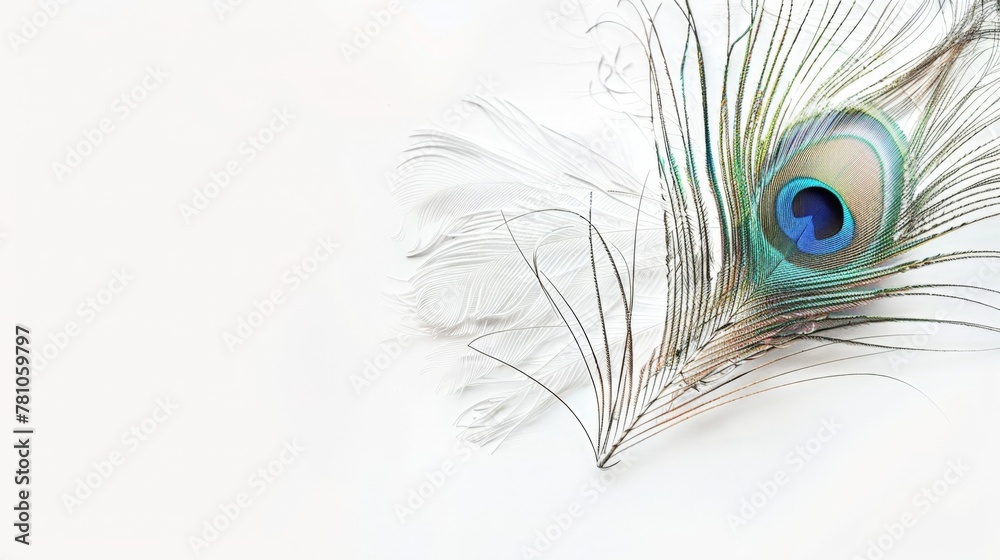 Obraz premium Peacock feather with blue eye on white background