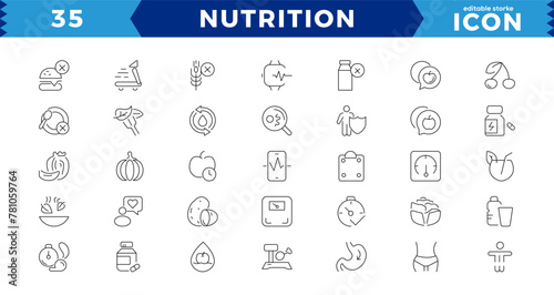 Nutrition and healthy eating icon pack. Collection of thin line icons that support digital navigationNutrition and healthy eating icon pack.Contains such Icons as Metabolism