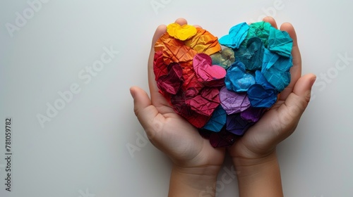 Child's hands holding a multicolored heart on white background with place for your text. World autism awareness day concept. photo