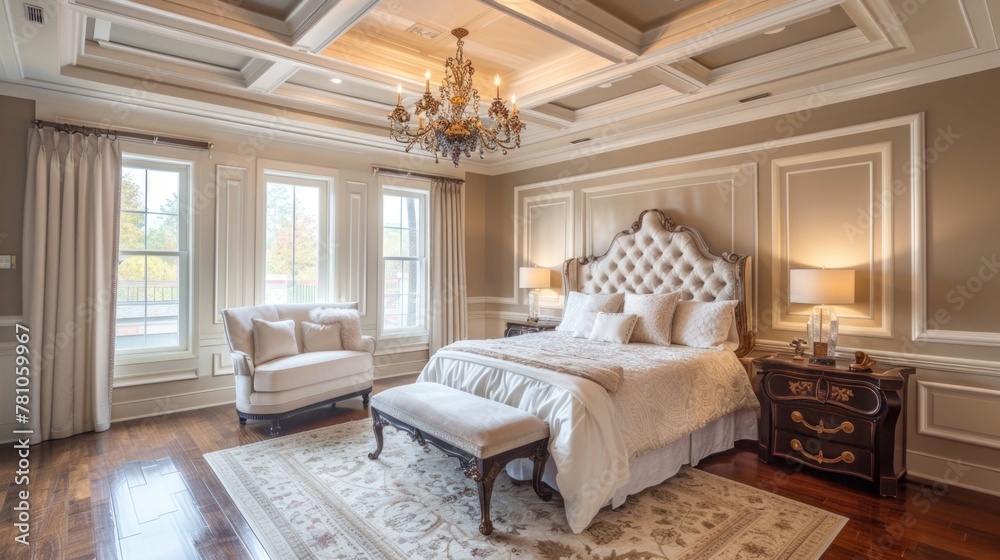 Fototapeta premium Luxurious bedroom with a large bed and elegant chandelier, perfect for interior design projects